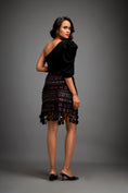 Load image into Gallery viewer, Asymmetrical Top With Puff Sleeve With Metallic Pink Geometric Skirt
