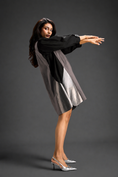Load image into Gallery viewer, Colourblock Tunic Dress In Warm Grey And Black With Metallic Silver Side Panels
