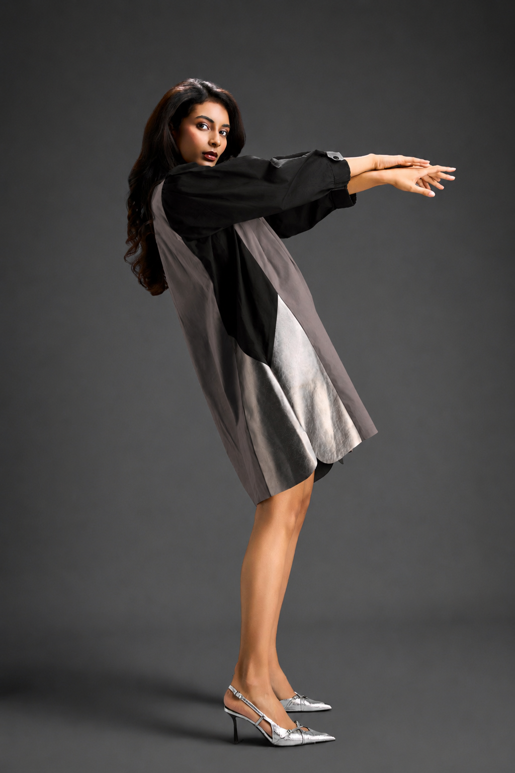 Colourblock Tunic Dress In Warm Grey And Black With Metallic Silver Side Panels