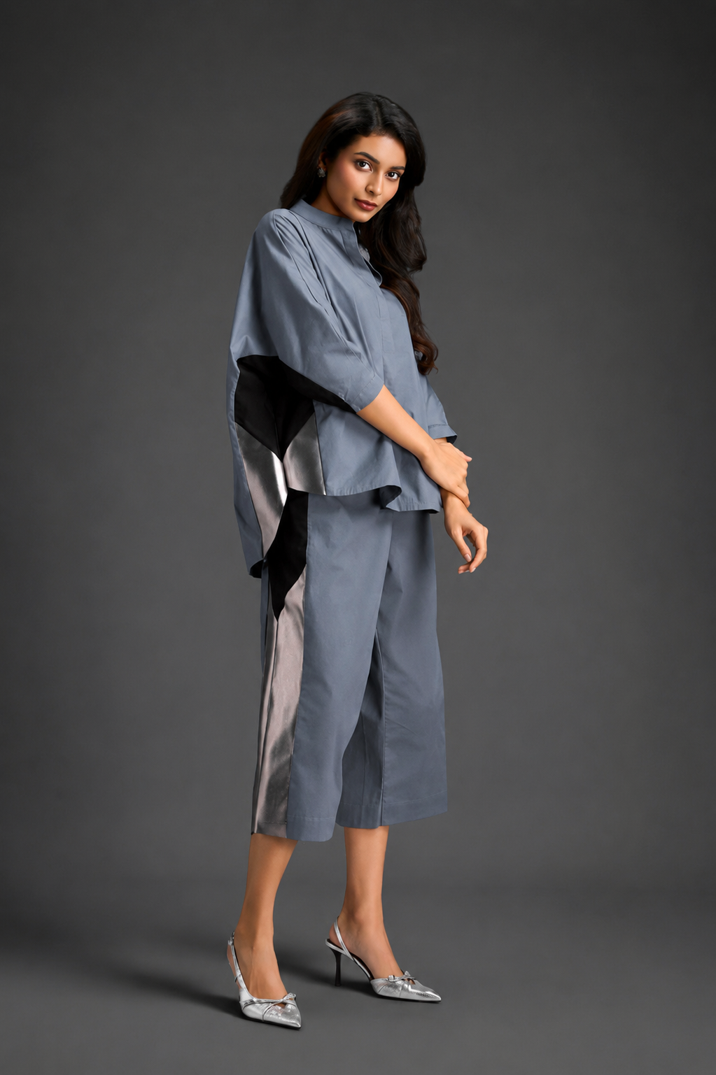 Relaxed Cool Grey Co-ord With Loose-fit Dramatic-sleeve Shirt And Wide-leg Pants With Metallic Side Panels.