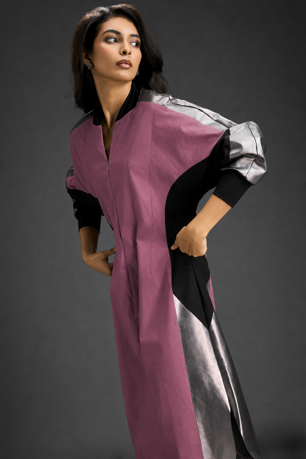 Statement Colourblock Midi Dress In Pink With Contrast Metallic Silver Side Panels And Balloon Sleeves