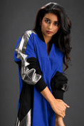 Load image into Gallery viewer, Statement Colourblock Midi Dress In Blue With Contrast Metallic Silver Side Panels And Balloon Sleeves
