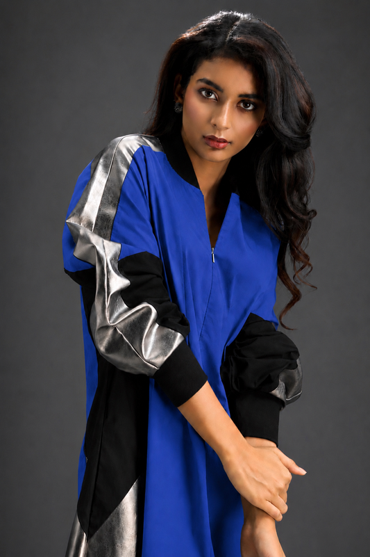 Statement Colourblock Midi Dress In Blue With Contrast Metallic Silver Side Panels And Balloon Sleeves