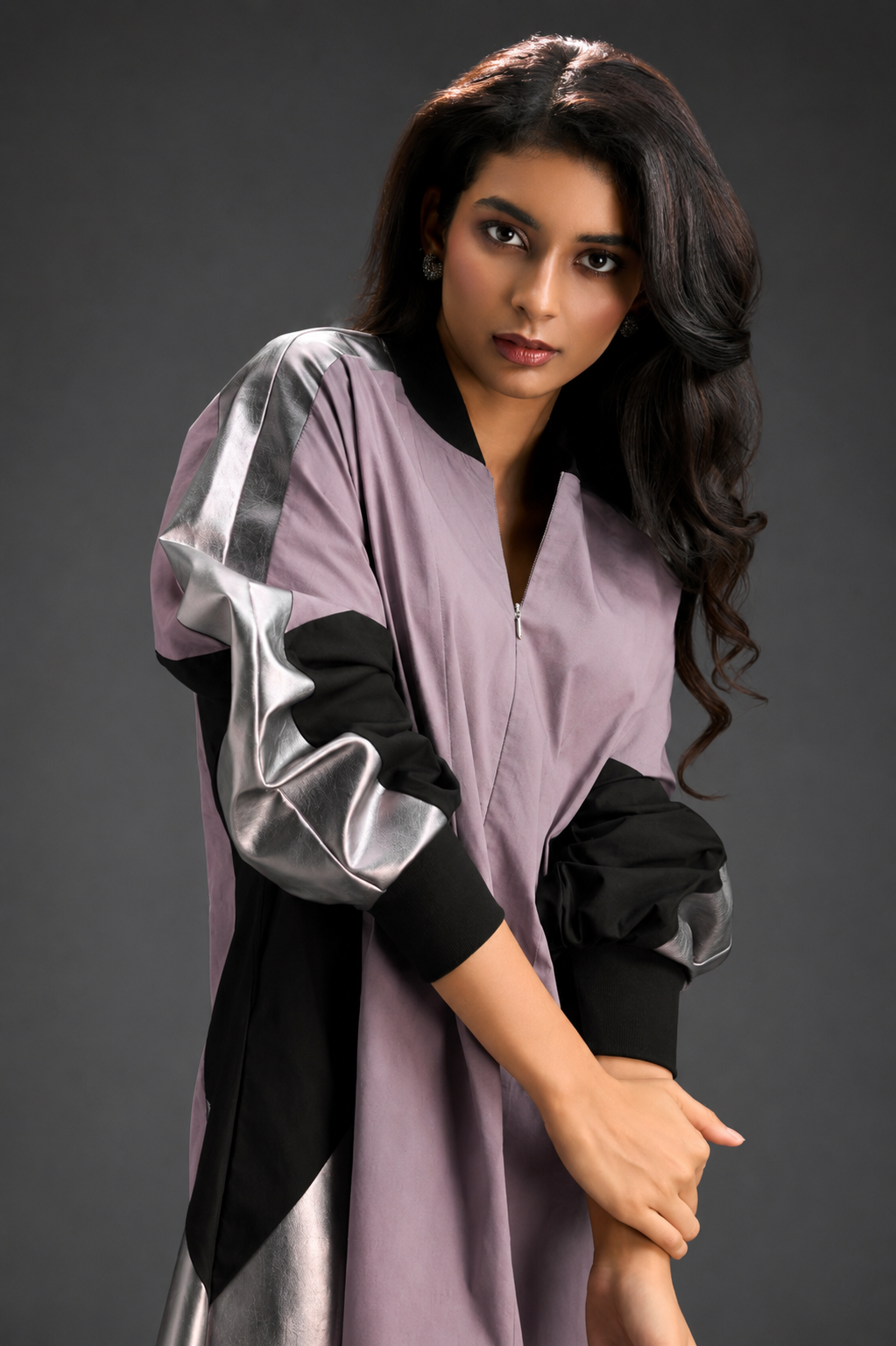 Statement Colourblock Midi Dress In Ash Pink With Contrast Metallic Silver Side Panels And Balloon Sleeves