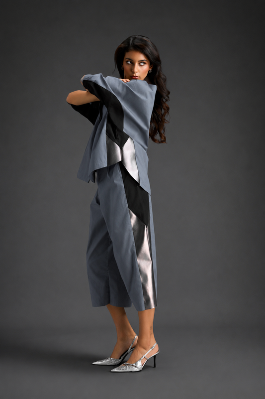 Relaxed Cool Grey Co-ord With Loose-fit Dramatic-sleeve Shirt And Wide-leg Pants With Metallic Side Panels.