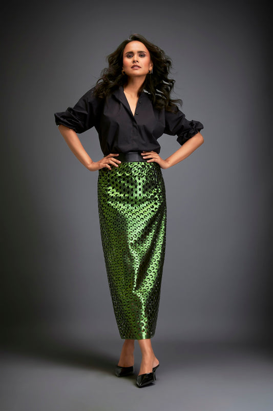 Metallic Skirt With Geometric Cutout Detailing