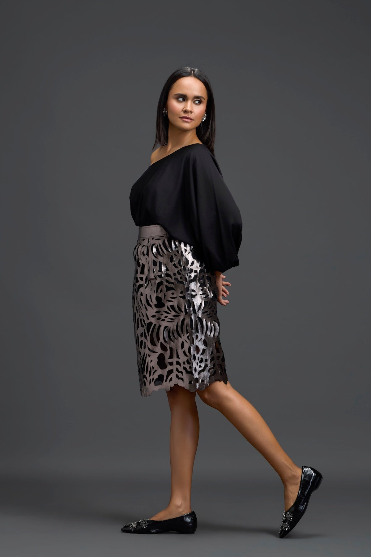 Gunmetal Laser Cutwork Skirt