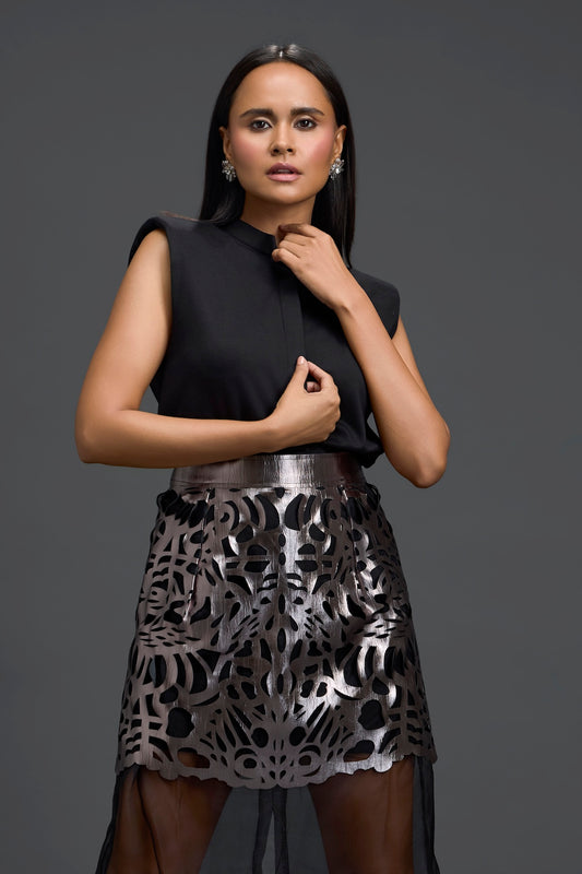 Black Sleeveless Top and Gunmetal Cutwork Skirt Set