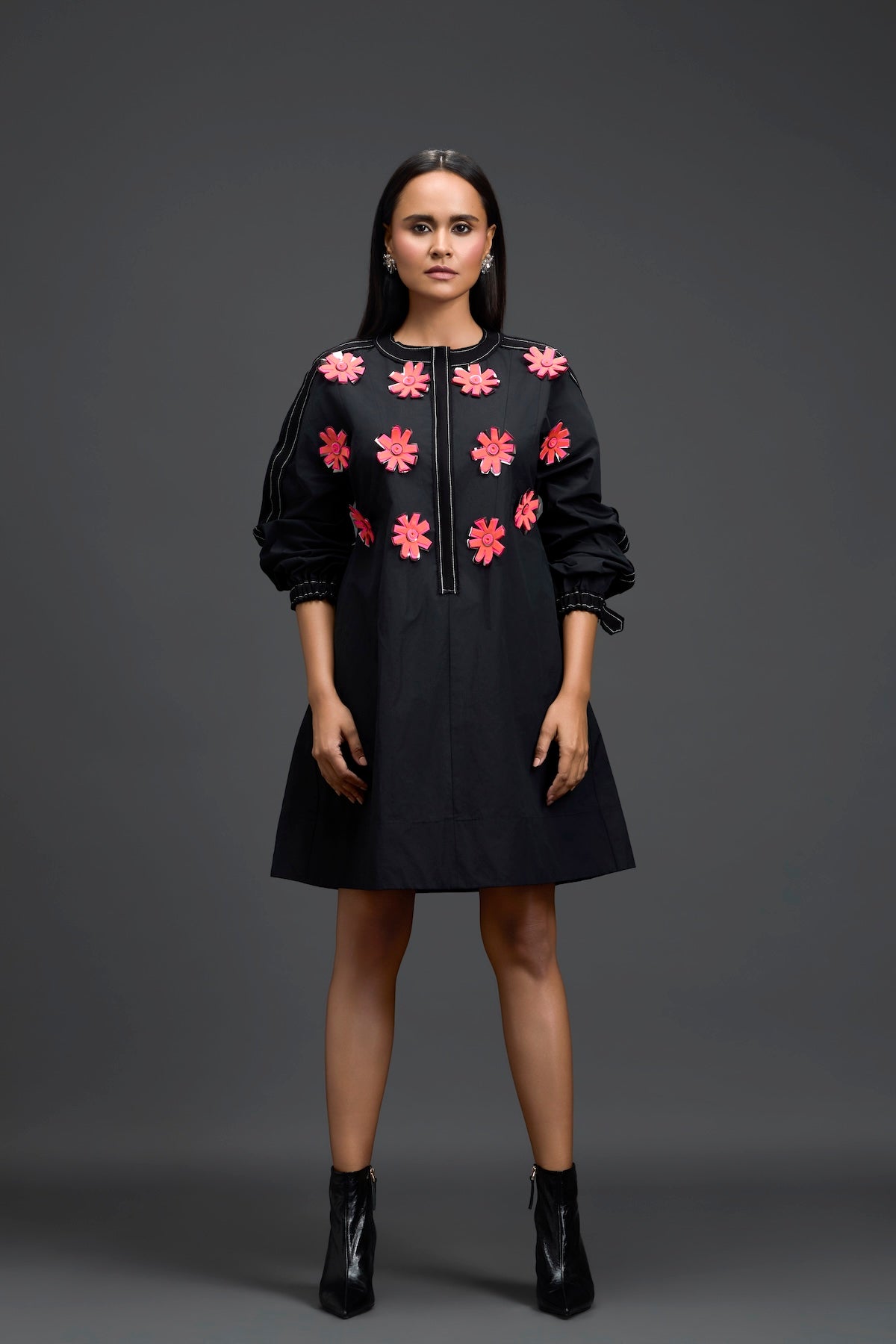 Black Floral Patch Pocket Dress