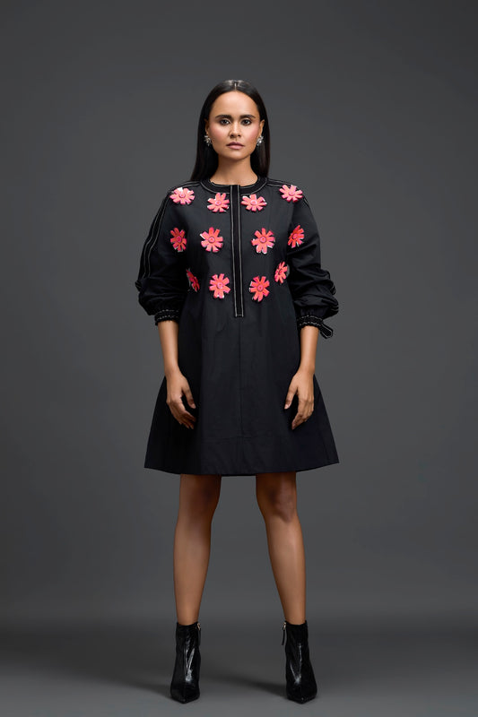 Black Floral Patch Pocket Dress