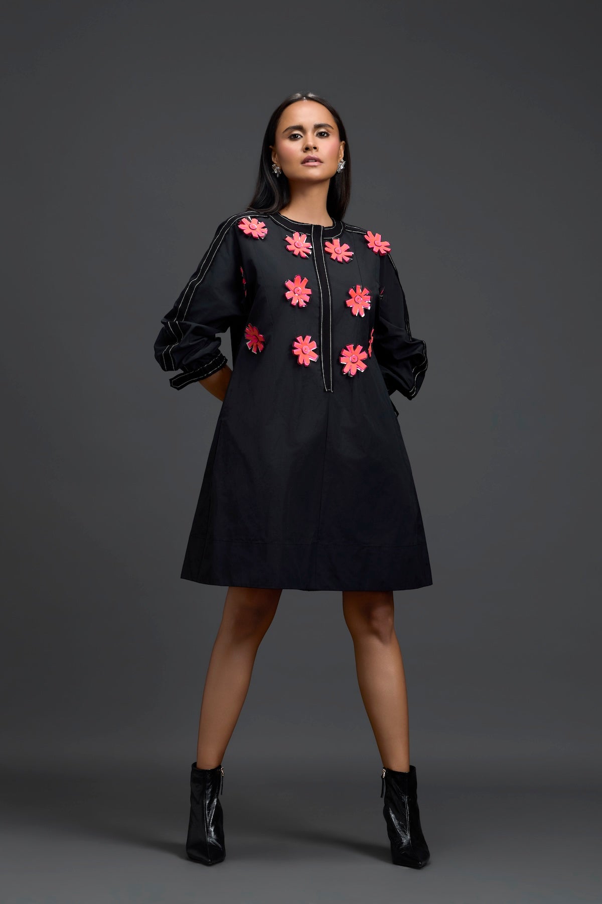 Black Floral Patch Pocket Dress