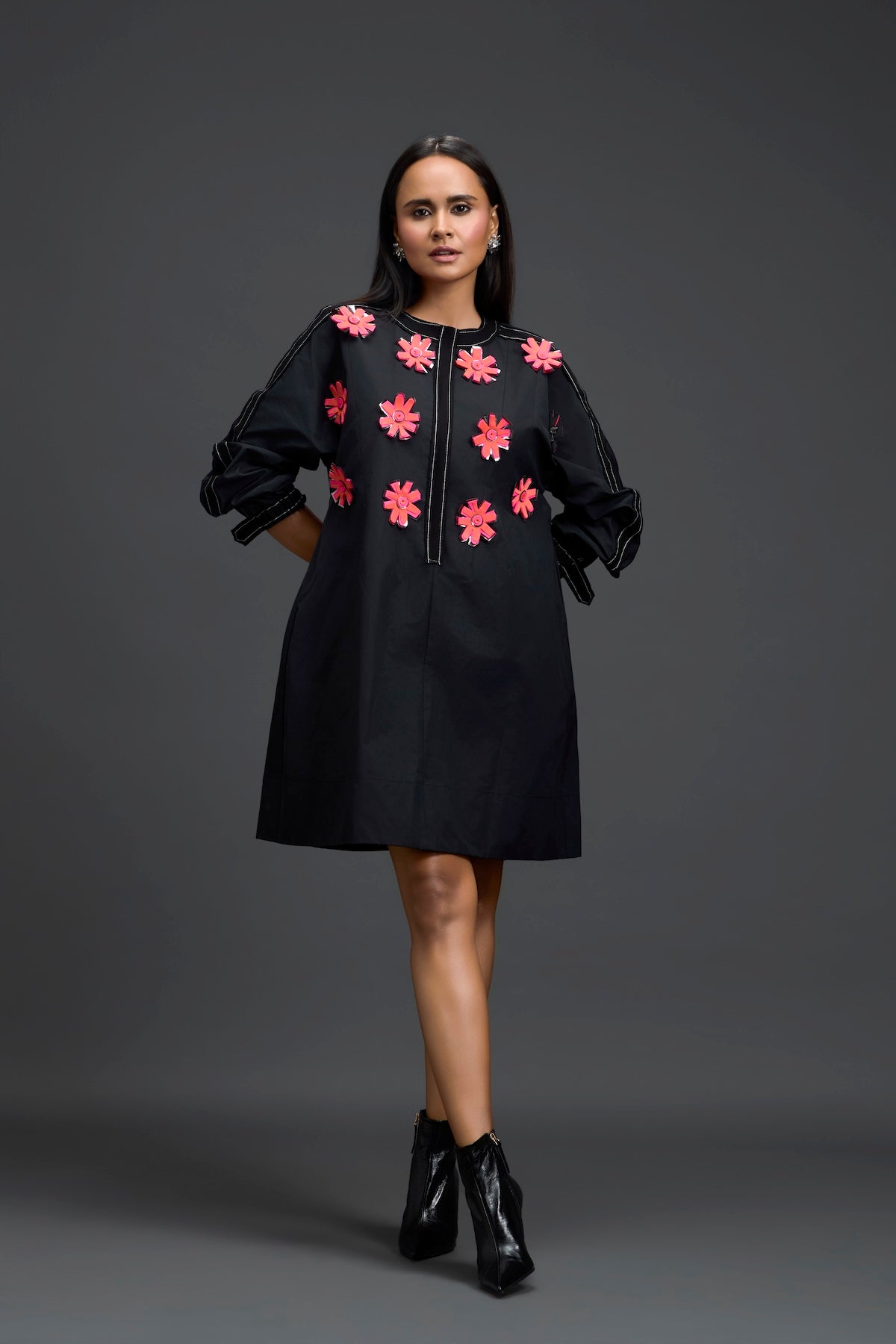 Black Floral Patch Pocket Dress