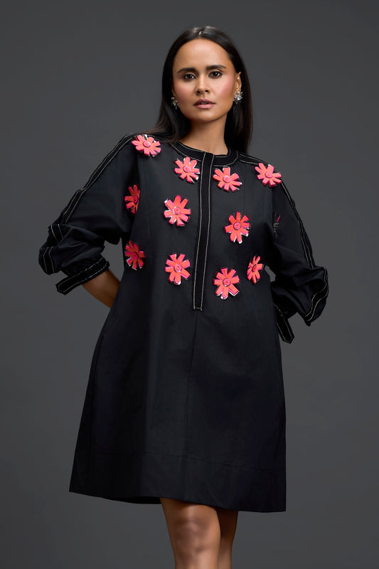 Black Floral Patch Pocket Dress