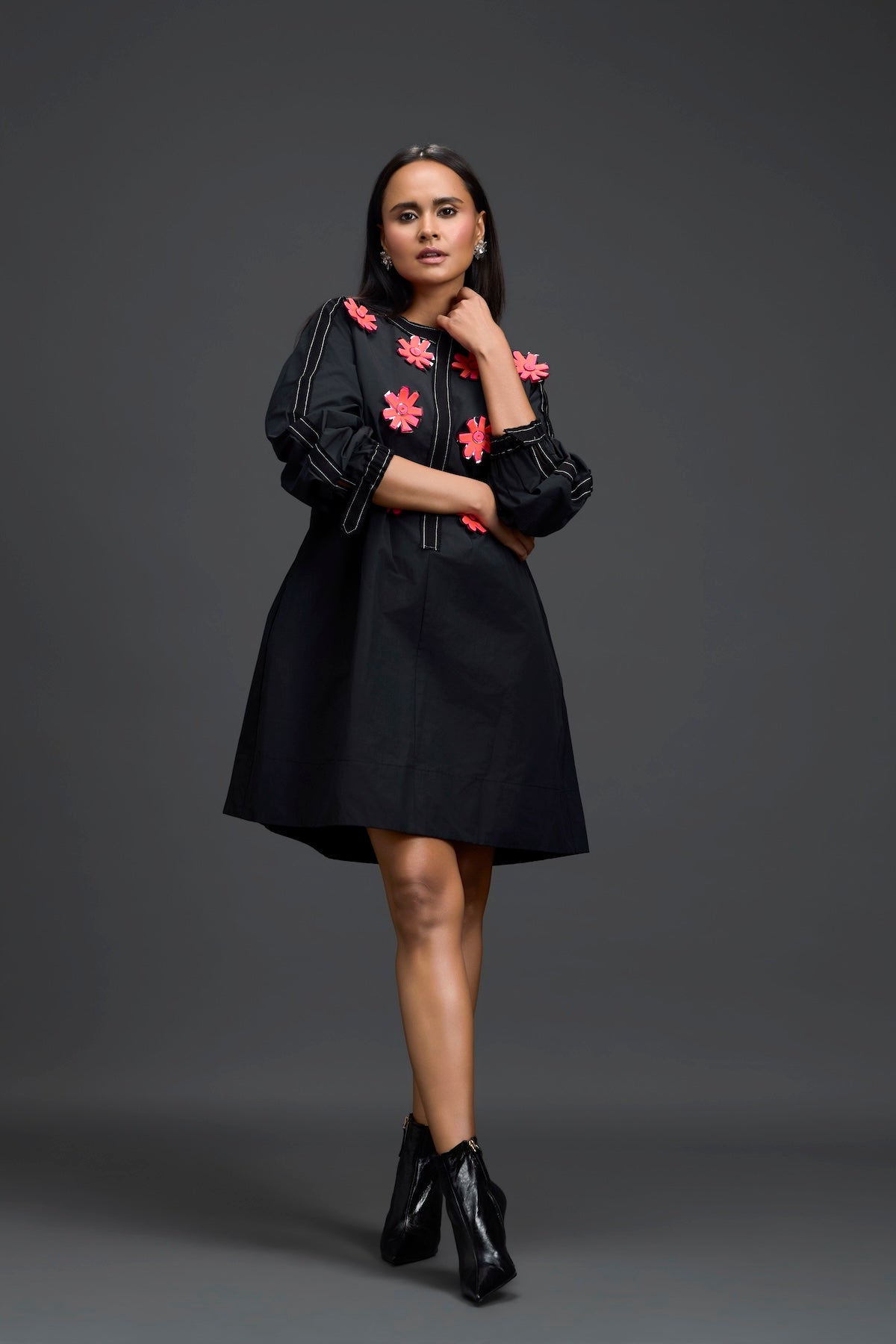 Black Floral Patch Pocket Dress