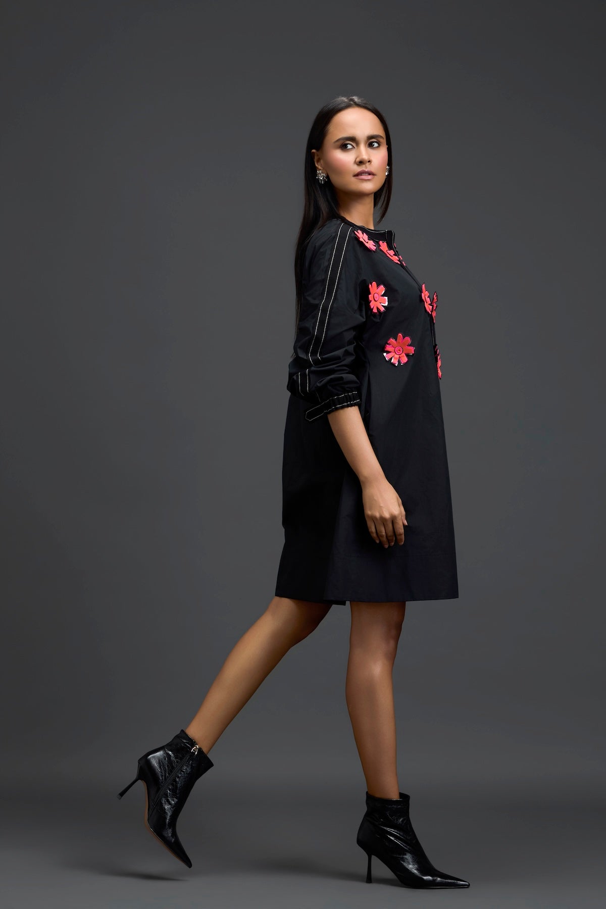 Black Floral Patch Pocket Dress