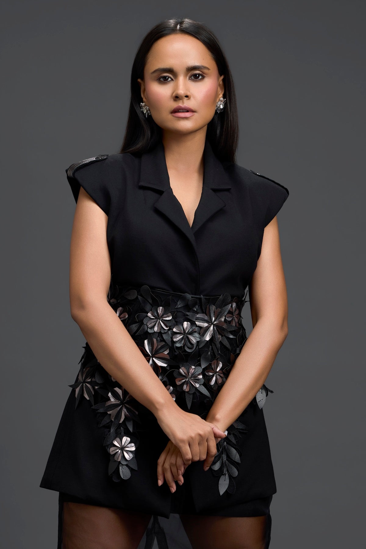 Black 3D Floral Blazer Dress with Organza Overlay
