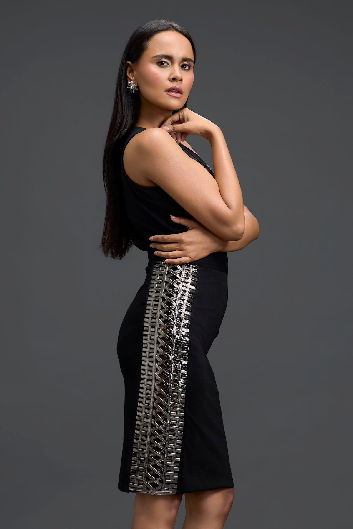 Black Pencil Skirt with Gunmetal Side Panels