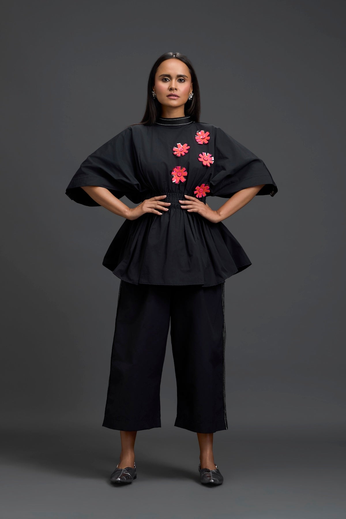 Black Floral Peplum Co-ord Set