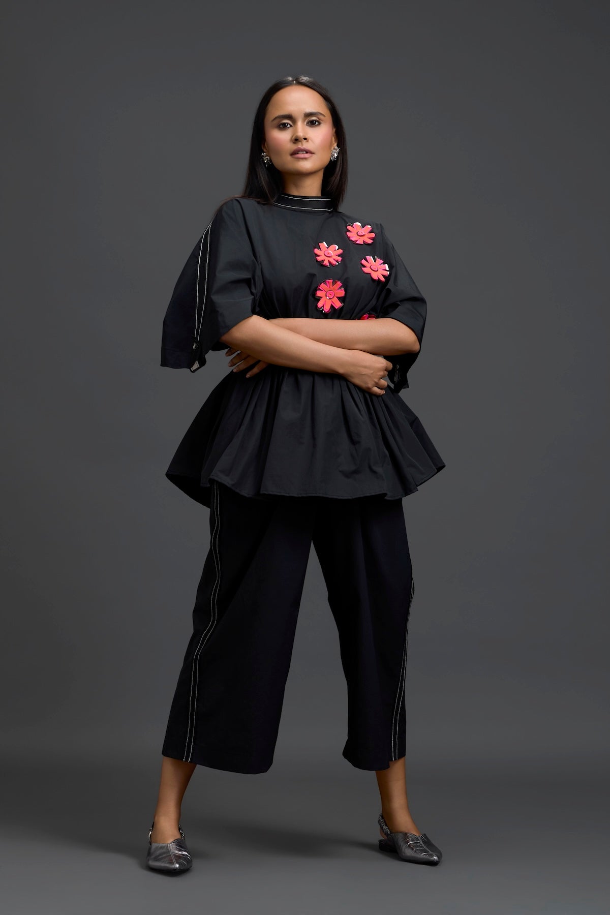 Black Floral Peplum Co-ord Set