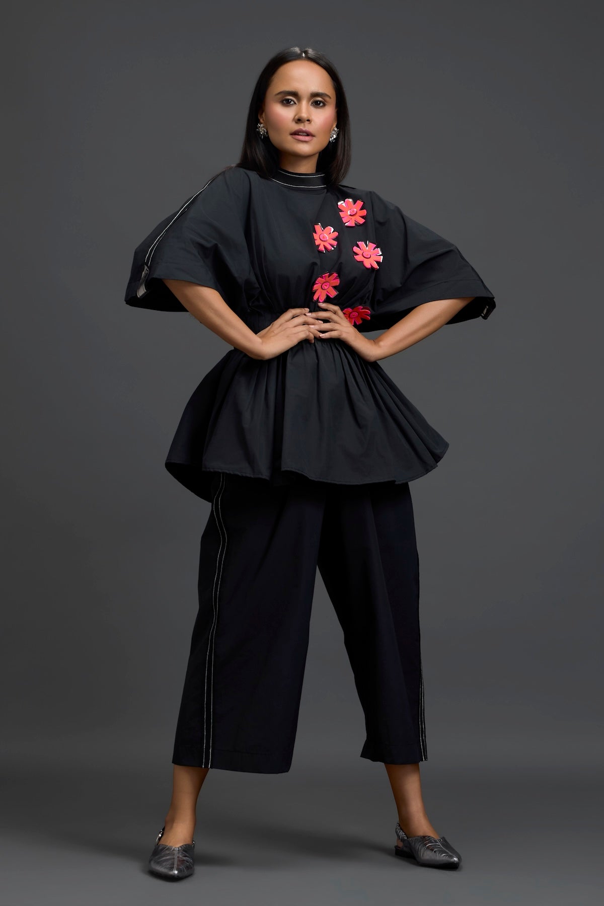 Black Floral Peplum Co-ord Set