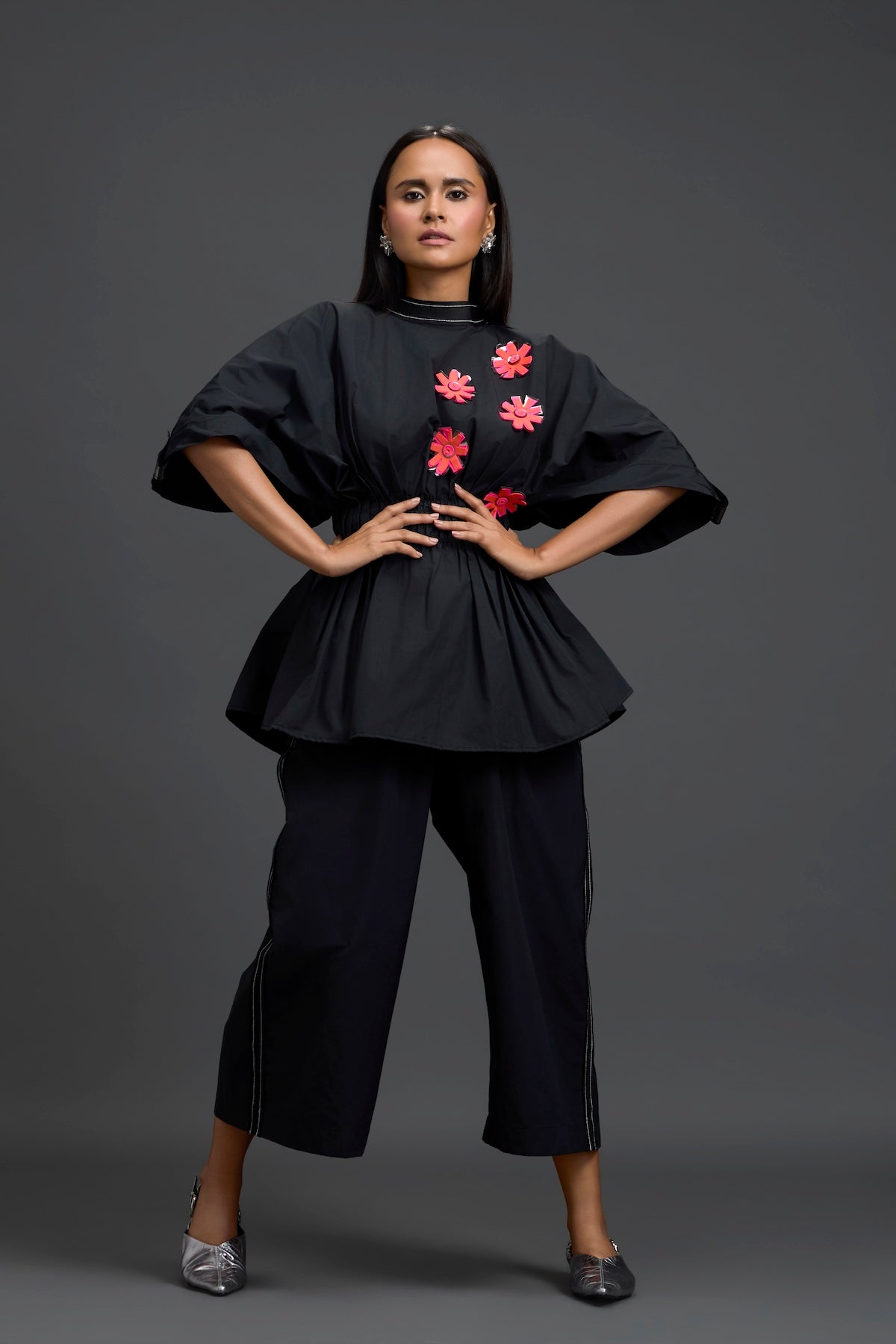Black Floral Peplum Co-ord Set