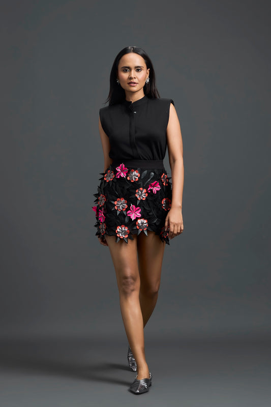 Black Sleeveless Top with 3D Floral Embroidered Skirt Set