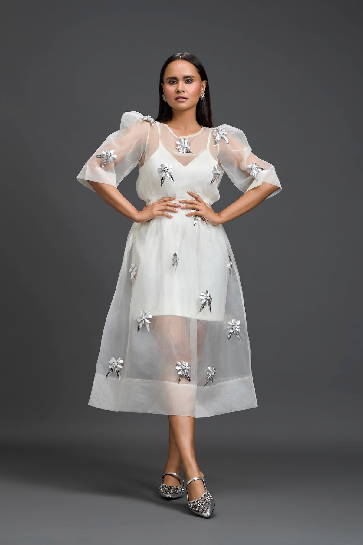 White Layered Organza 3D Floral Dress