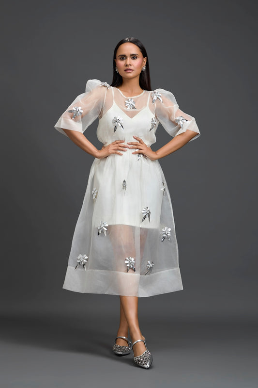 White Layered Organza 3D Floral Dress