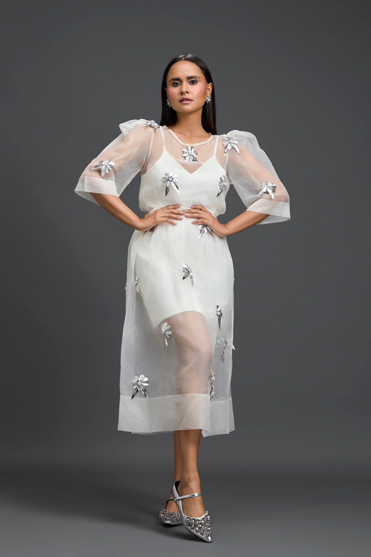 White Layered Organza 3D Floral Dress
