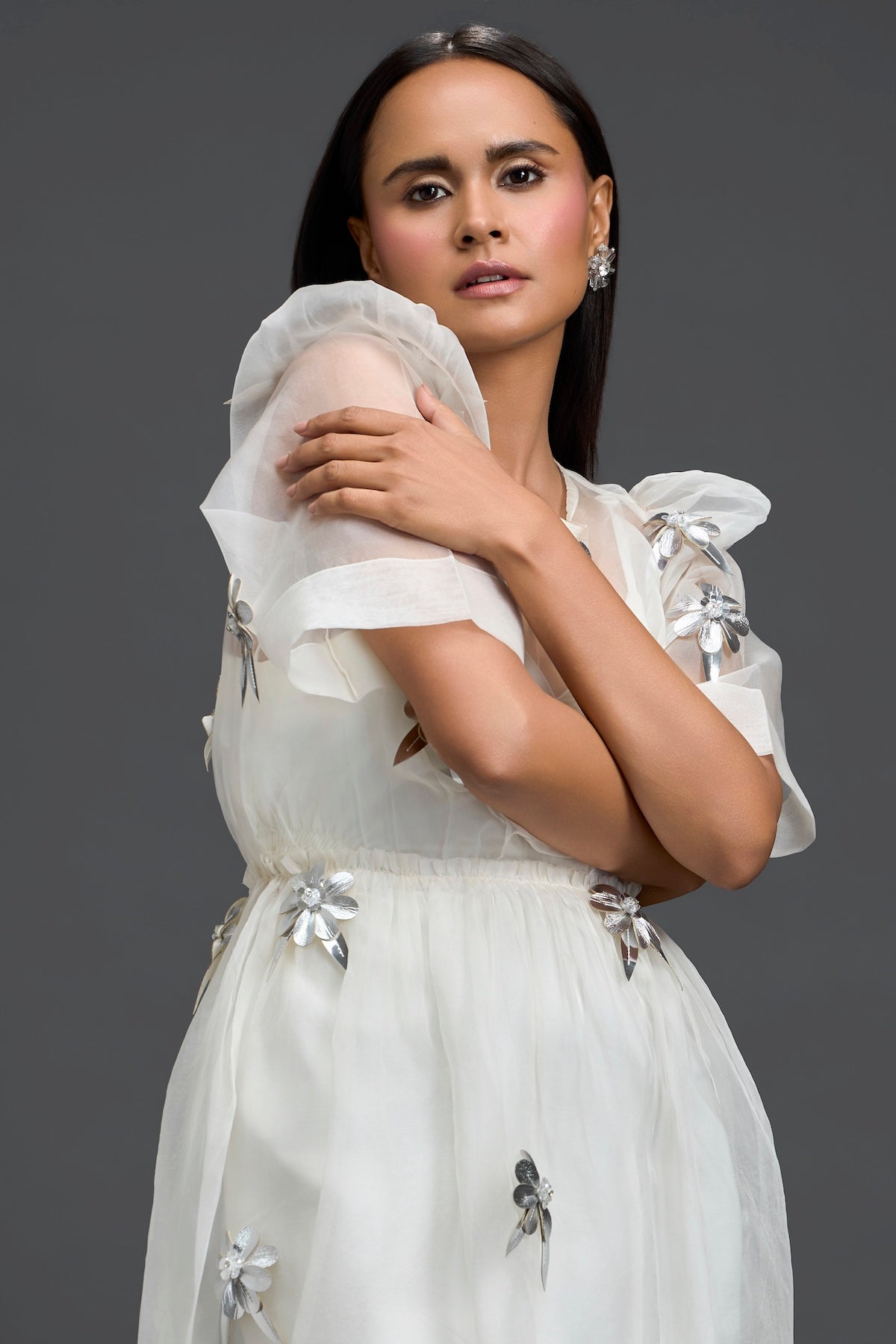 White Layered Organza 3D Floral Dress