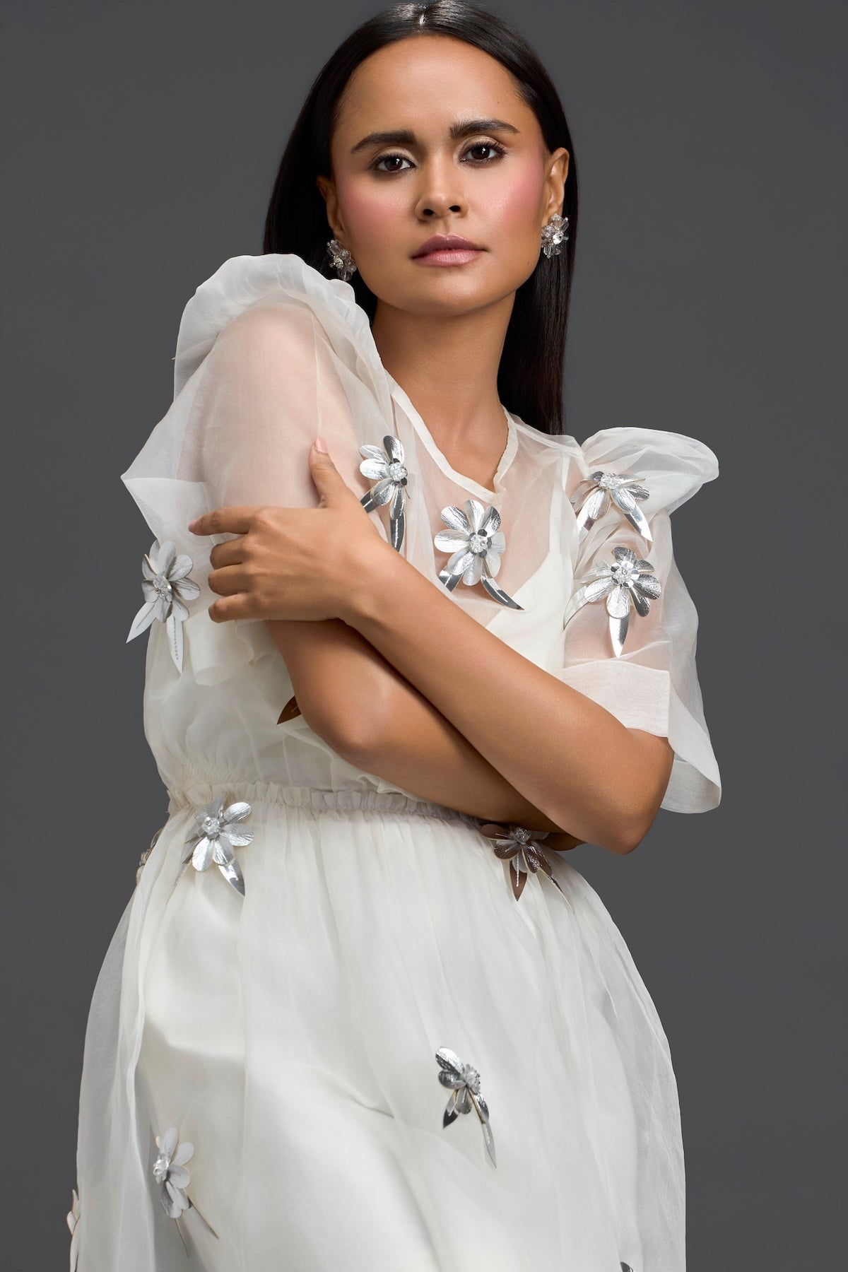 White Layered Organza 3D Floral Dress