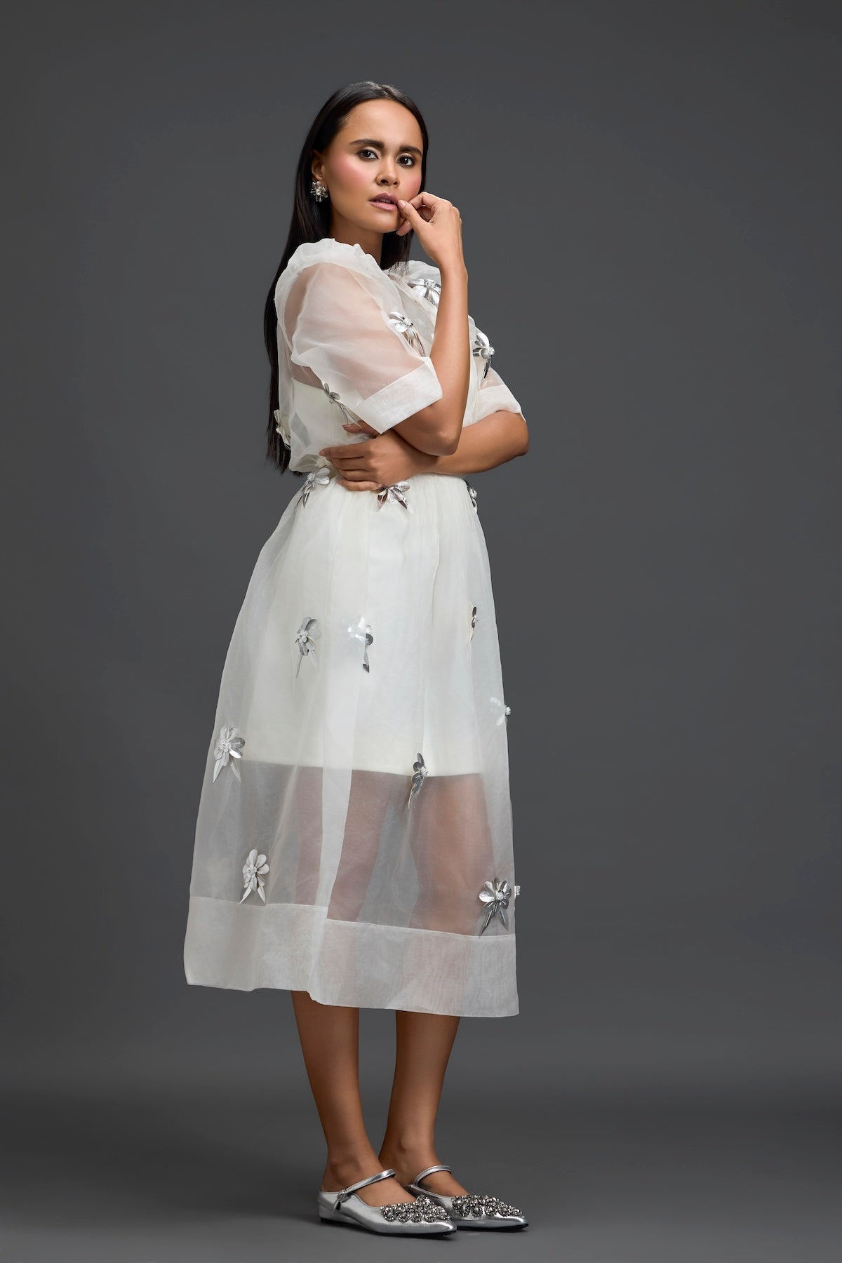 White Layered Organza 3D Floral Dress