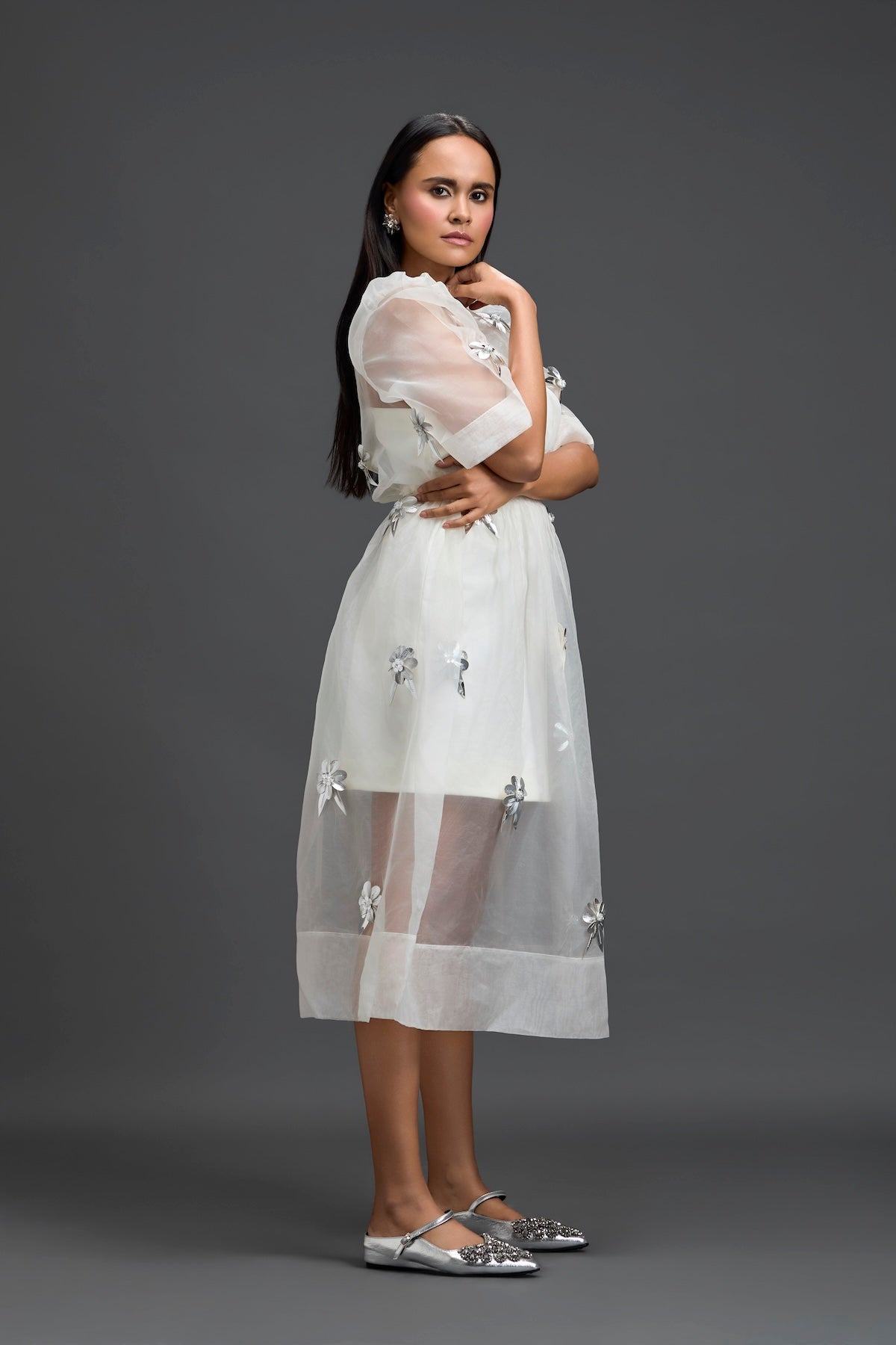 White Layered Organza 3D Floral Dress