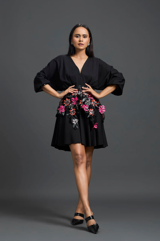 Black Voluminous Sleeve Dress with Floral Belt