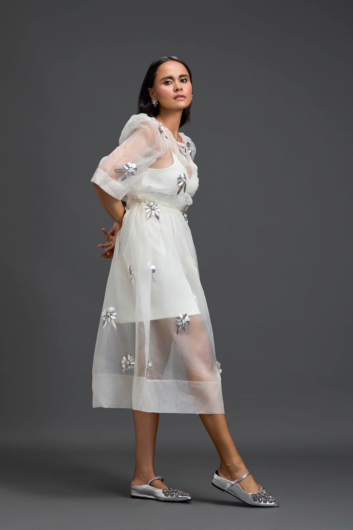 White Layered Organza 3D Floral Dress