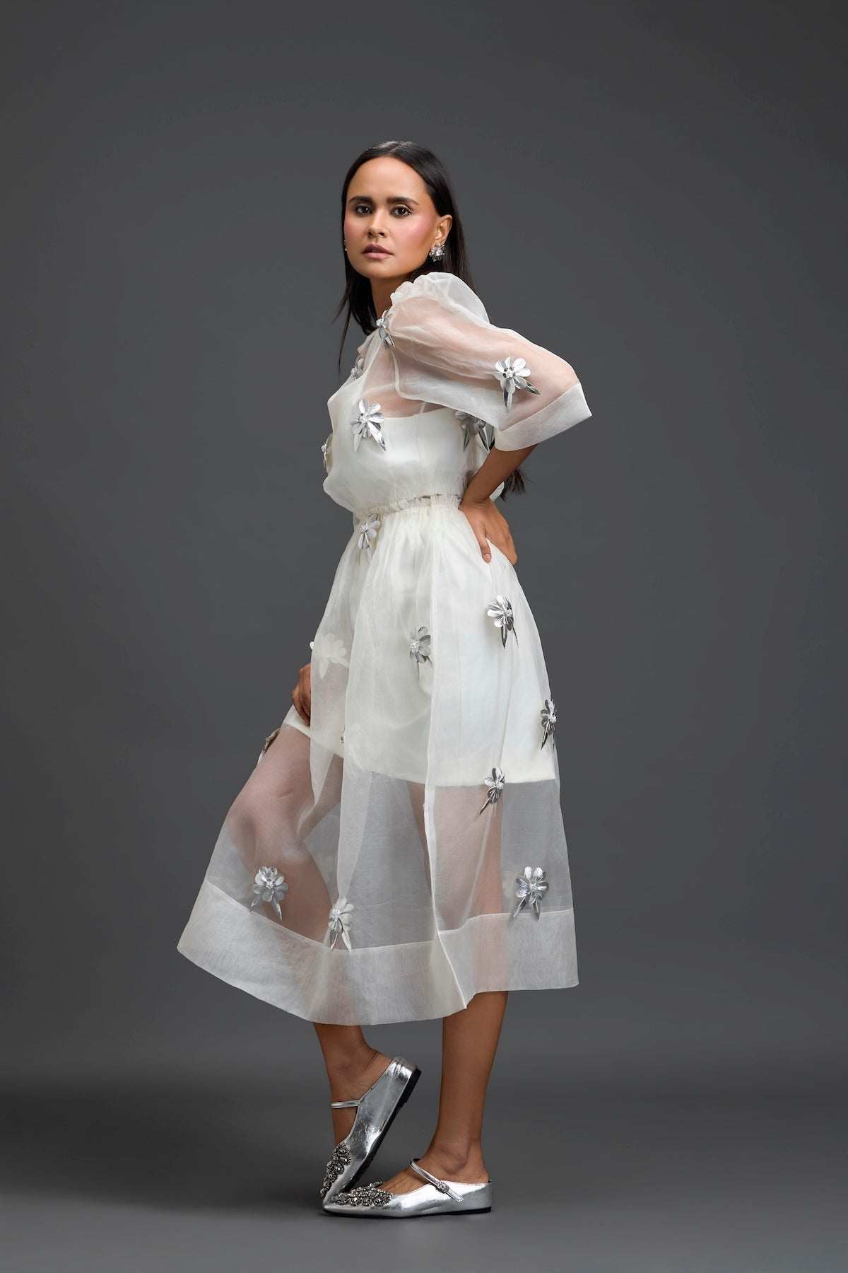 White Layered Organza 3D Floral Dress