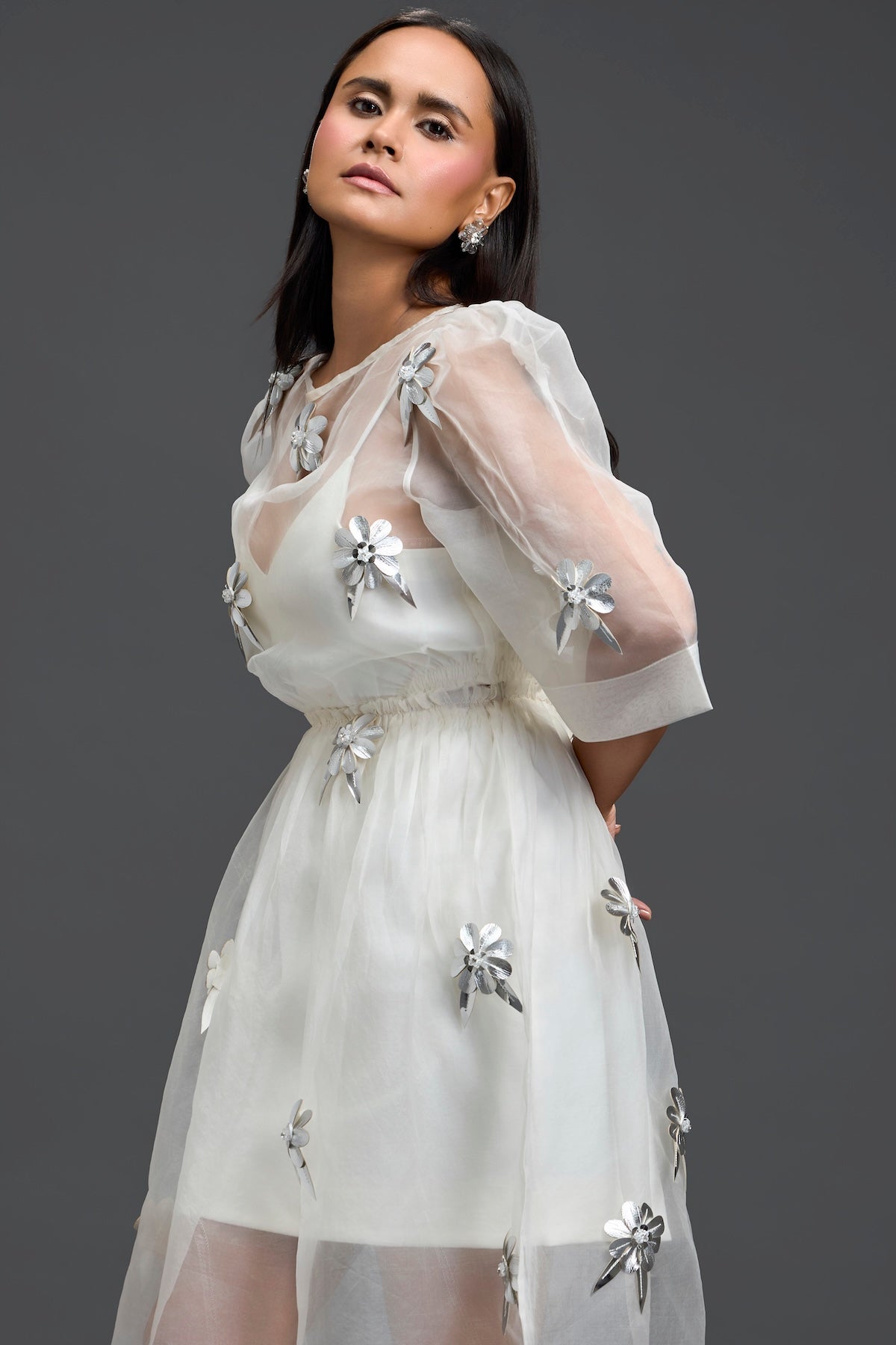White Layered Organza 3D Floral Dress