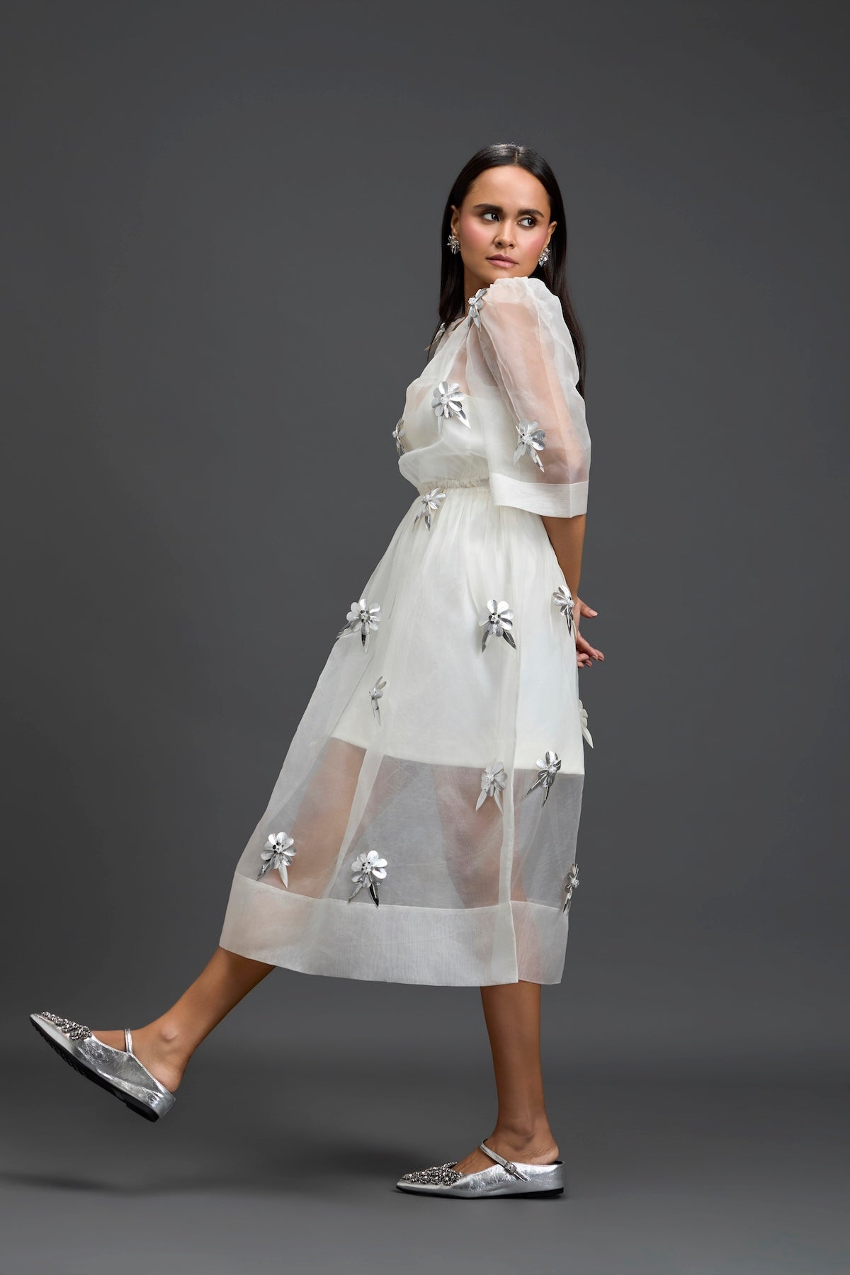 White Layered Organza 3D Floral Dress