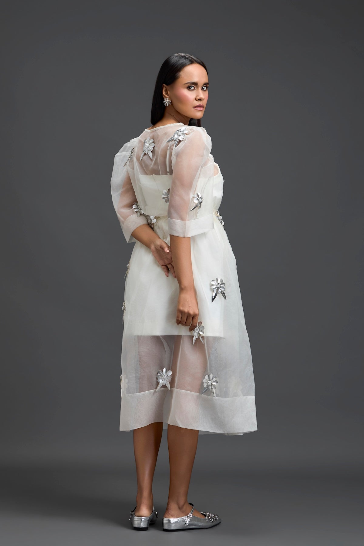 White Layered Organza 3D Floral Dress