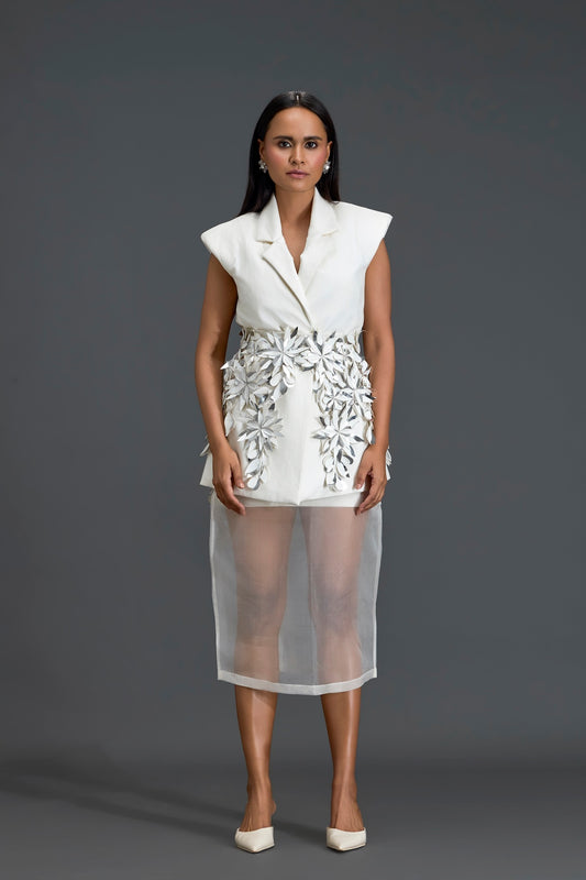 Silver 3D Floral Blazer Dress with Organza Overlay