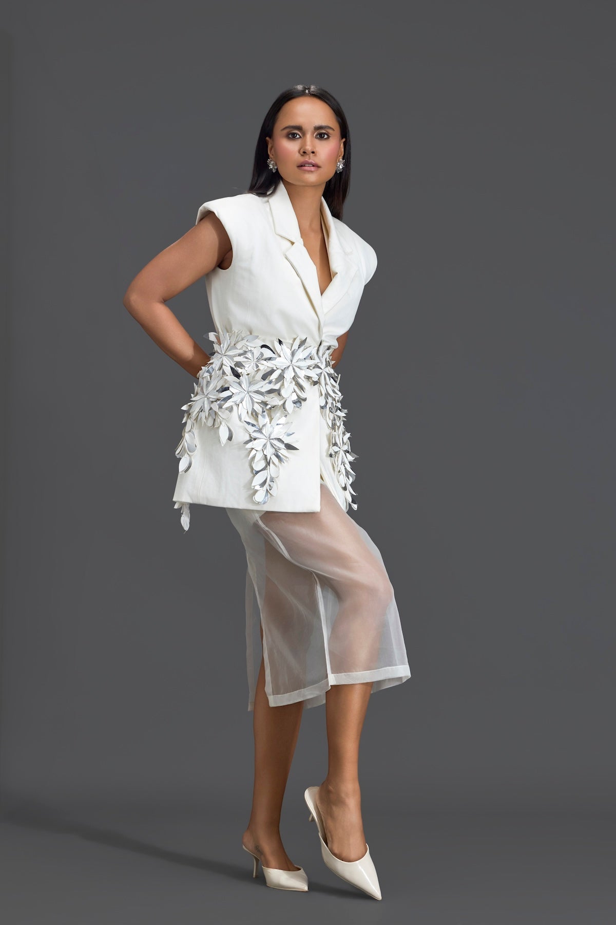 Silver 3D Floral Blazer Dress with Organza Overlay
