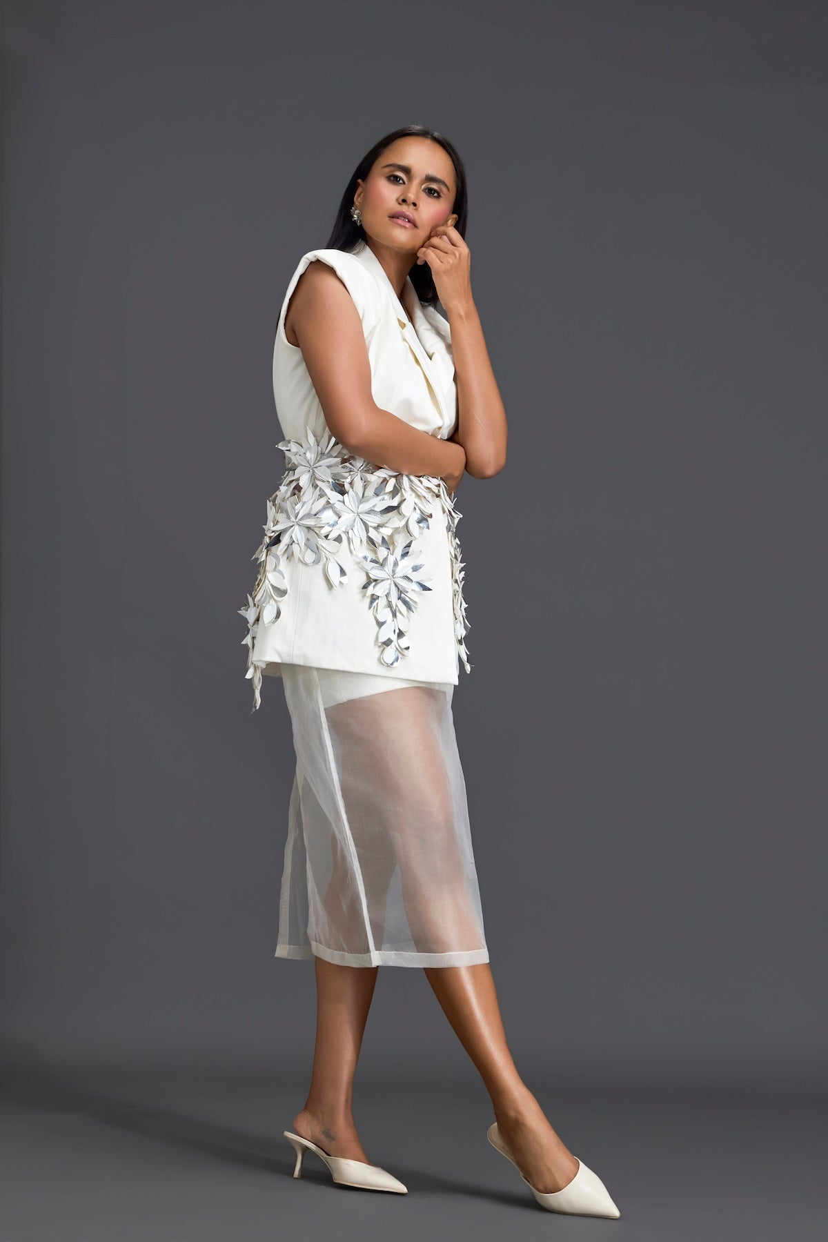 Silver 3D Floral Blazer Dress with Organza Overlay