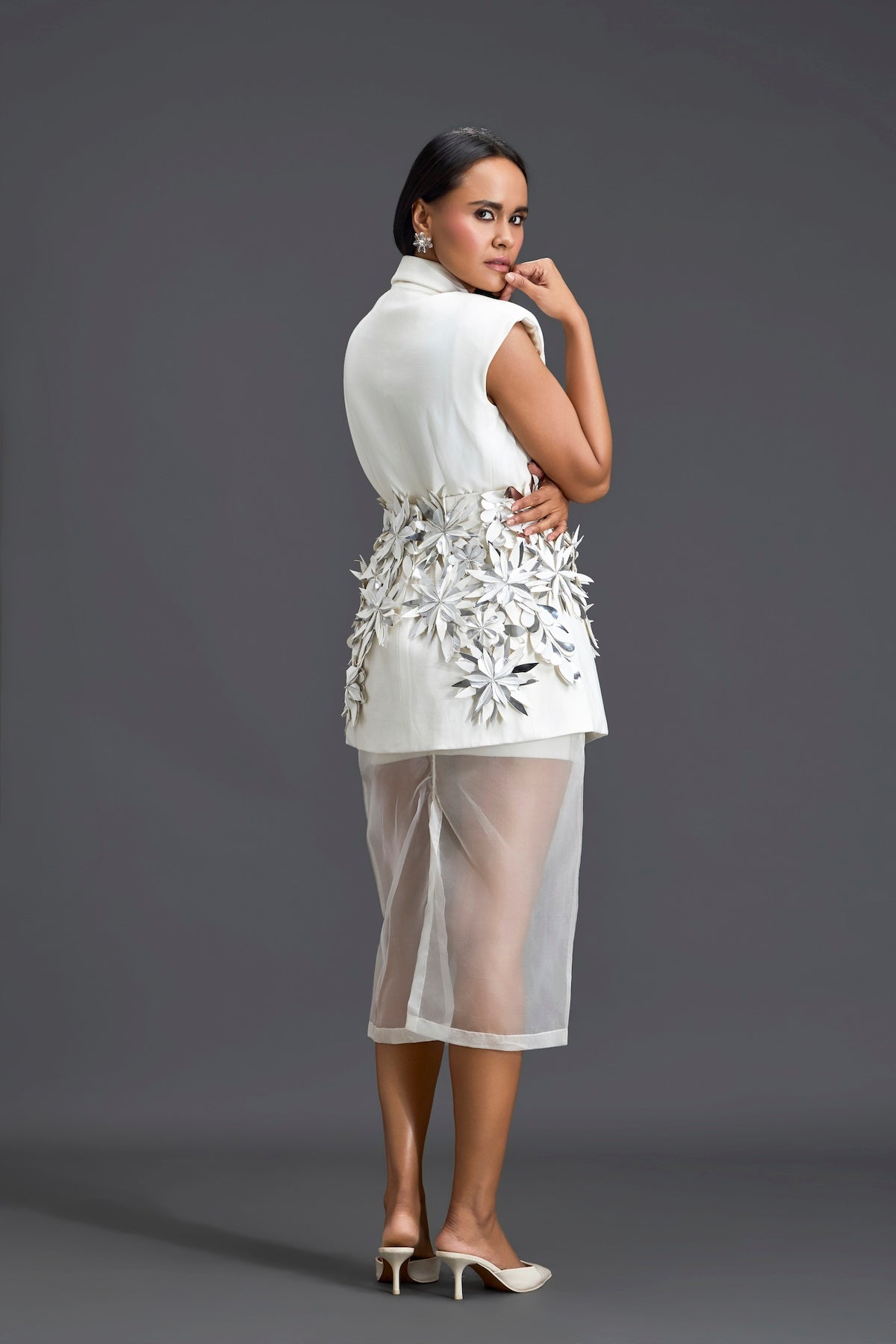 Silver 3D Floral Blazer Dress with Organza Overlay