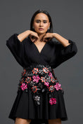 Load image into Gallery viewer, Black Voluminous Sleeve Dress with Floral Belt
