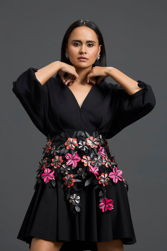 Black Voluminous Sleeve Dress with Floral Belt