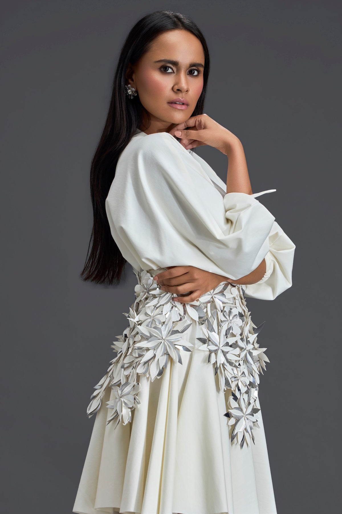 White Voluminous Sleeve Dress with Silver Floral Belt