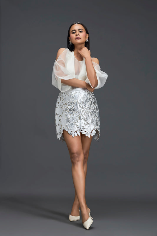 White Halter Organza Top and Silver Cutwork Skirt Set