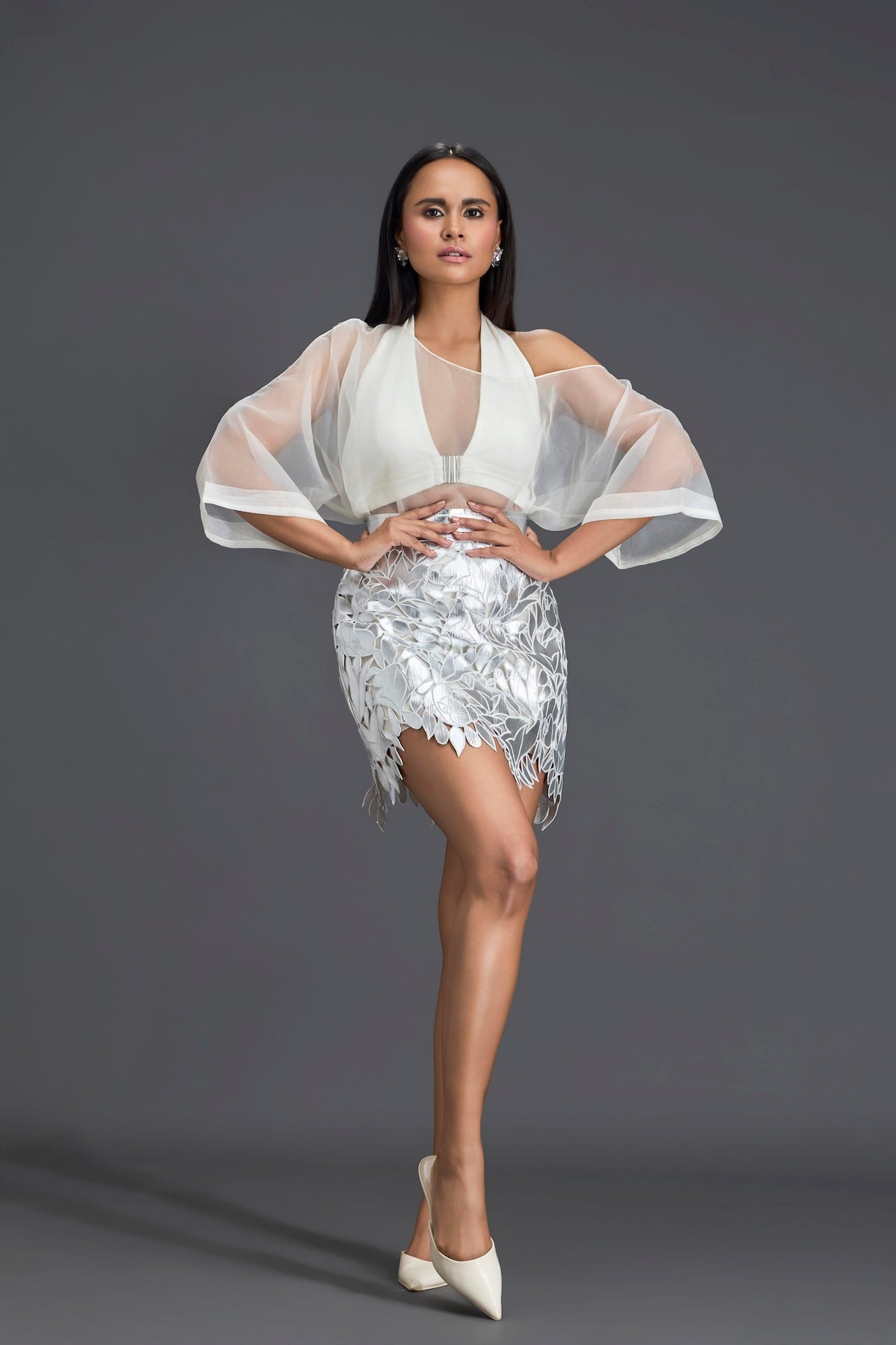 White Halter Organza Top and Silver Cutwork Skirt Set