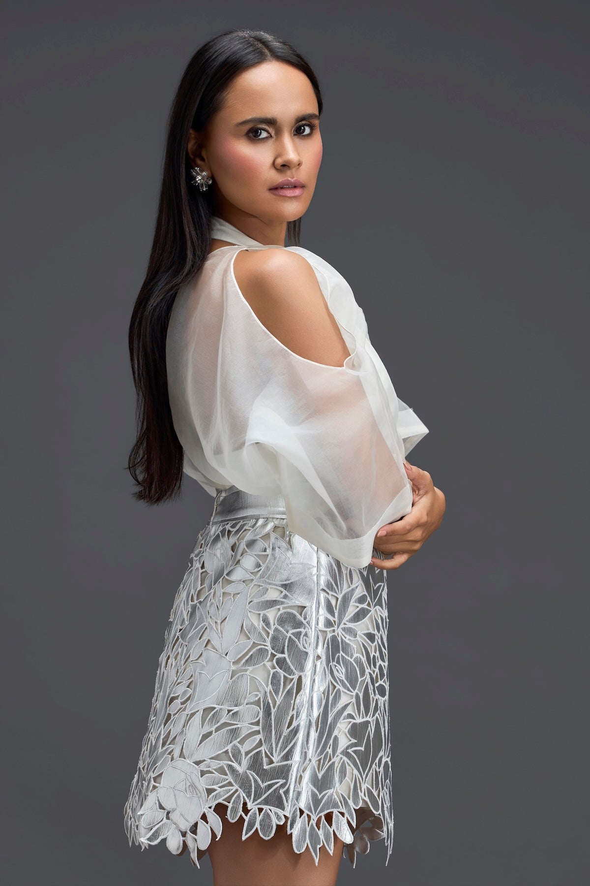 White Halter Organza Top and Silver Cutwork Skirt Set