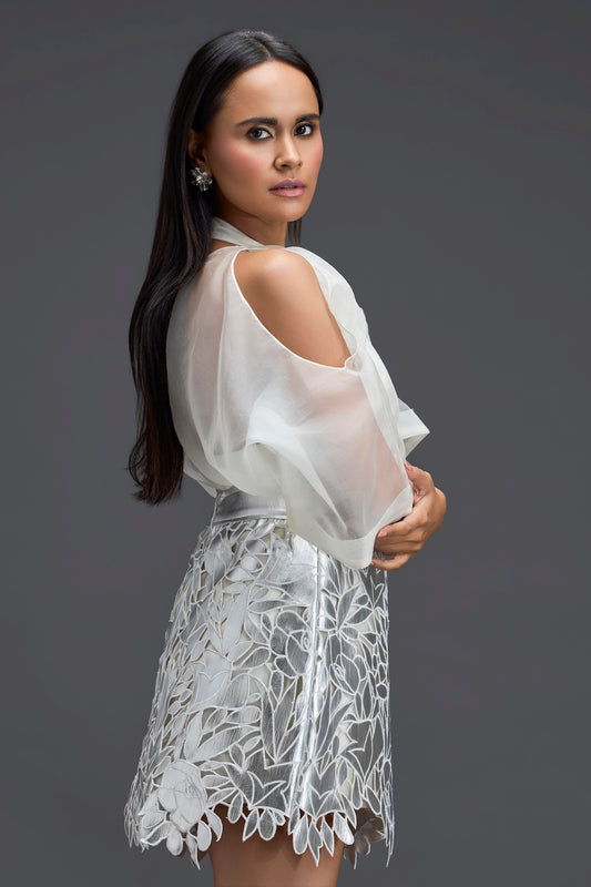 Silver Floral Laser-Cut Mini Skirt